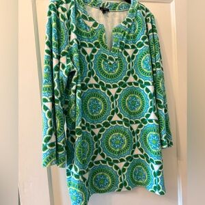 TALBOTS Terry Cloth Beach Cover up Tunic Green & & Blue Print Size 1X EUC